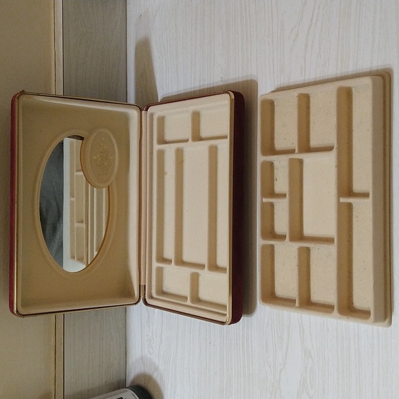 Jewelry - Vintage Red Velvet Double Compartment Jewelry Box - Hinged Lid w/ Mirror